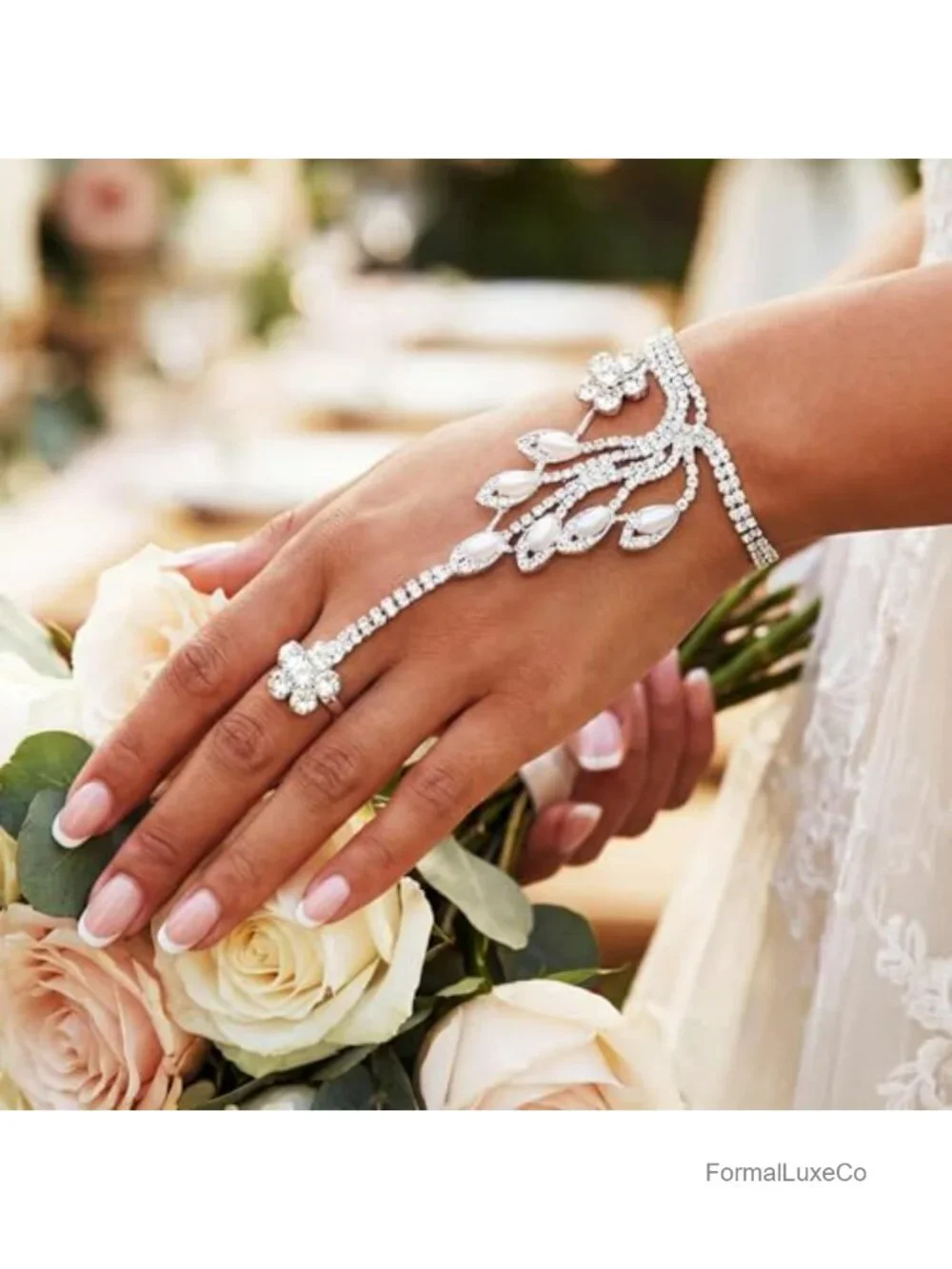 Silver Rhinestone Fingerless Gloves with Pearl Ring
